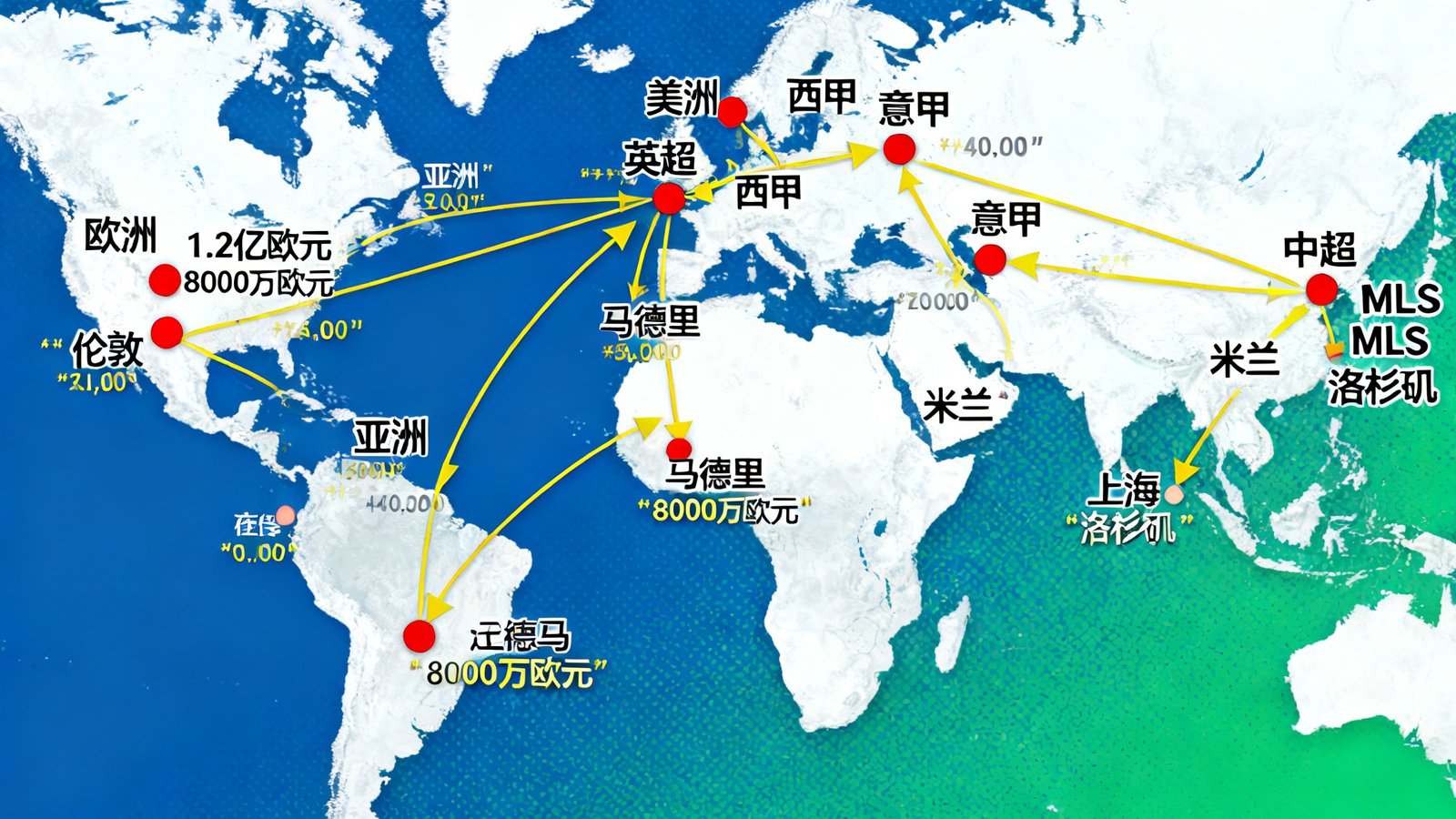 全球足球转会市场动态的交互式地图界面，标注了各大洲主要联赛的转会热点区域与资金流向